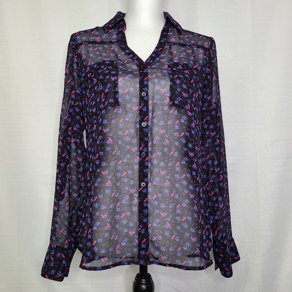 Express The Portofino Shirt Sz Small Black Blue Floral Pink Bird Sheer Button Up